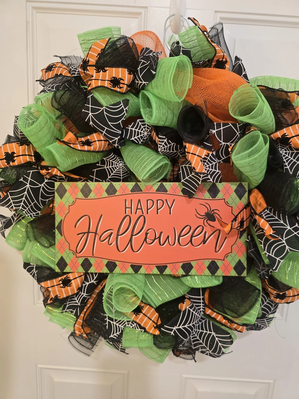 Happy Halloween Spider Web Deco Mesh Wreath - Orange & Green